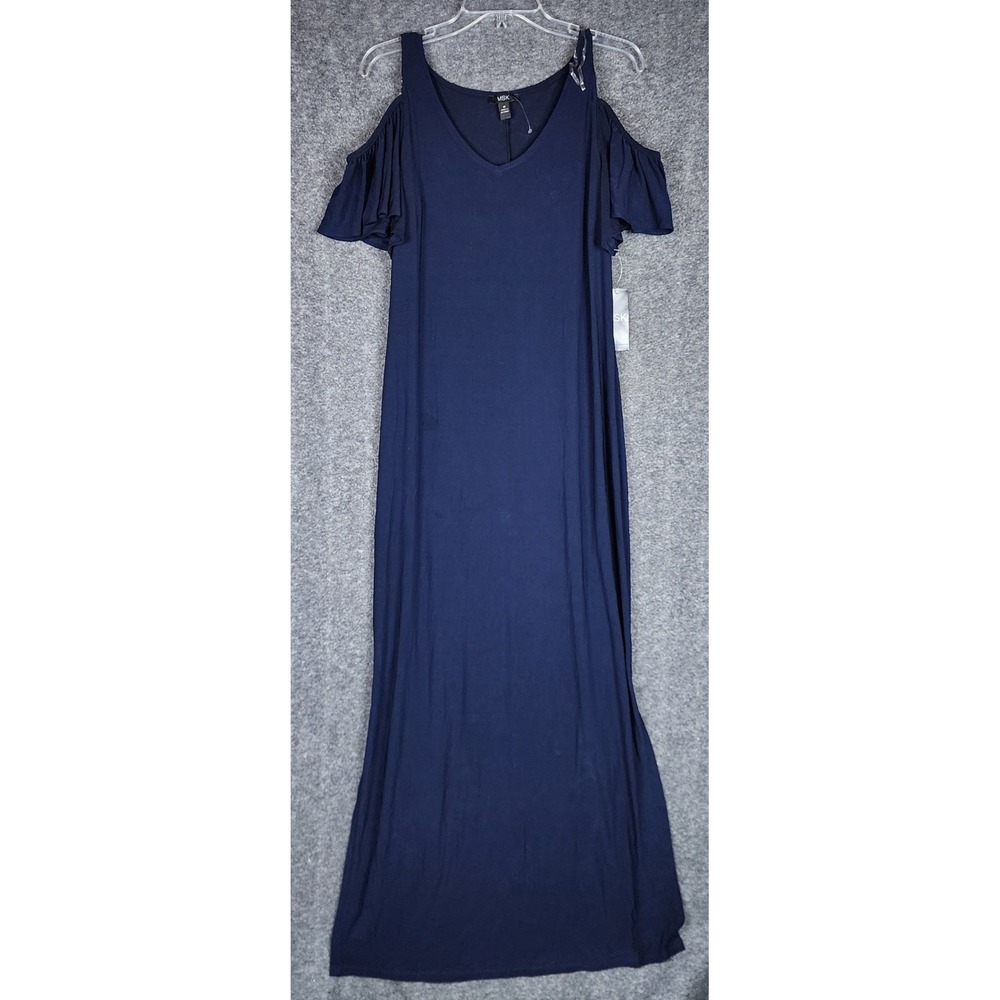 MSK Maxi Dress Womens M 93013653A Navy Blue Cold Shoulder Ruffle NEW